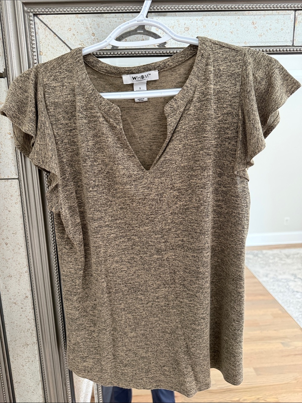 White House Black Market Taupe Marled V-Neck Ruffle Sleeve Top